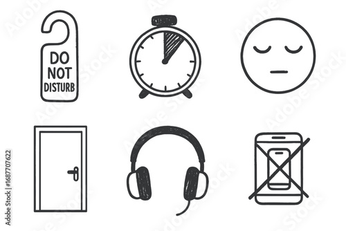 Focus Zone Doodles. Study focus zone: hand drawn doodles of do not disturb sign, focus timer, quiet face, closed door, headphone