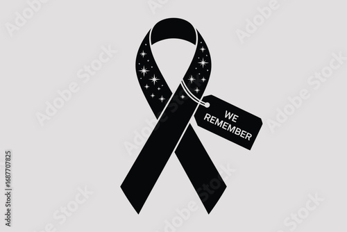 A black ribbon with stars and a tag that says we remember on a light gray background illustration