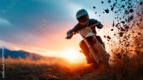 Fototapeta Naklejka Na Ścianę i Meble -  A motocross rider skillfully maneuvers through dirt as the sun sets in the background, capturing the thrill and energy of extreme sports and adventure.