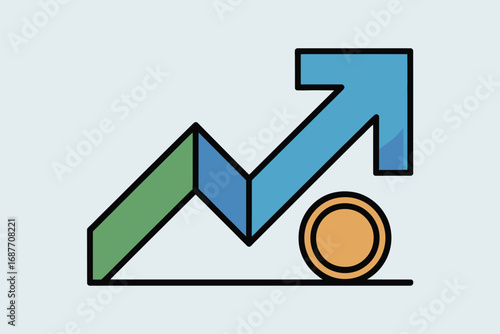 Illustration of an upward trending graph with green and blue segments and a gold coin at the bottom
