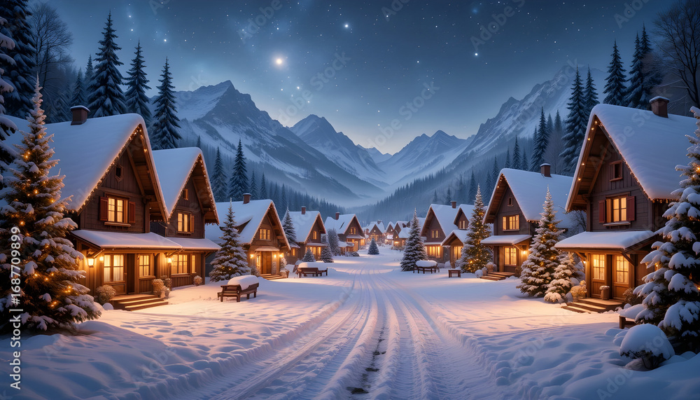 Fototapeta premium Cozy Christmas Village in Snowy Mountains at Night.A picturesque winter scene showcasing a charming village nestled in a mountain valley.