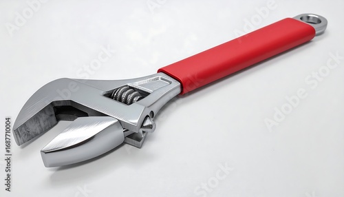 A shiny adjustable wrench with a red handle lies on a plain white surface