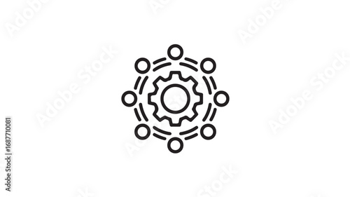Network of people collaborating around a central gear symbolizing teamwork and synergy
