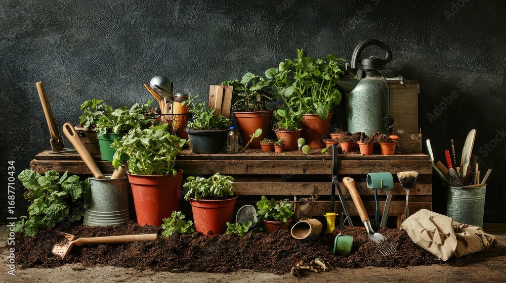 Obraz premium Indoor Herb Garden with Gardening Tools and Soil