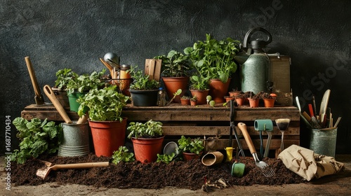 Indoor Herb Garden with Gardening Tools and Soil