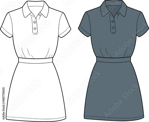 Women polo dress, fashion shirt dress, short sleeve clothing design, flat template, casual summer outfit, apparel style, cad drawing flat vector illustration