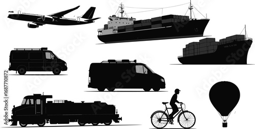 transportation, travel, cargo, airplane, ship, balloon, train, van, bicycle, silhouette, vector, black, white, delivery, logistics, vehicle, motion, commute, pickup, transport
