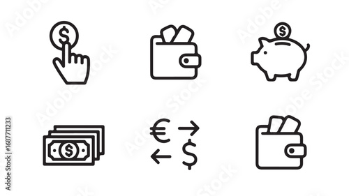 Finance icons set depicting money wallet piggy bank currency exchange and online banking