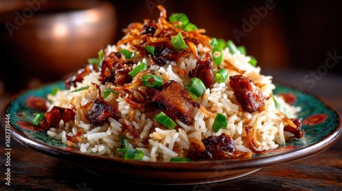 A beautifully arranged plate of flavor-packed rice topped with caramelized meat and green onions, showcasing the art of culinary delight and inviting appeal for food lovers.