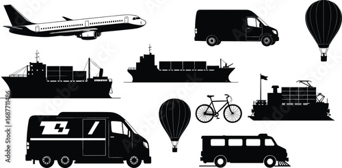 transportation, travel, cargo, airplane, van, balloon, ship, bicycle, train, silhouette, black, white, vector, delivery, vehicle, logistics, commute, icon, transport, motion