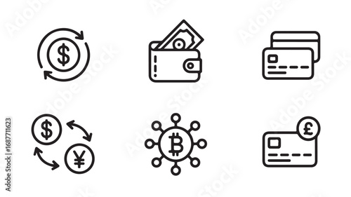 Money Transfer Icons Currency Exchange Wallet Credit Cards and Bitcoin