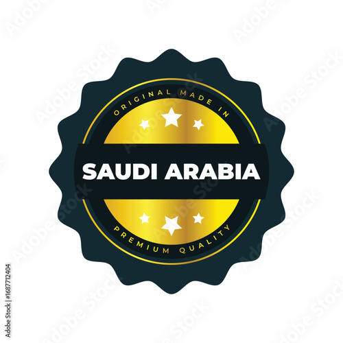 Premium Quality Saudi Arabia Badge. Gold Emblem. Original Made in Saudi Arabia Label. Vector Graphic Design