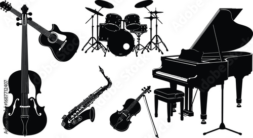 music, instrument, piano, drum, guitar, cello, violin, saxophone, trumpet, microphone, silhouette, black, white, vector, sound, band, concert, classical, jazz, icon