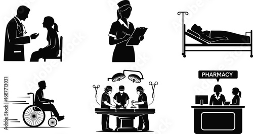 healthcare, hospital, doctor, nurse, patient, surgery, pharmacy, wheelchair, consultation, medicine, vector, black, white, clinical, treatment, care, monitor, emergency, recovery, service