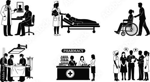 healthcare, hospital, doctor, nurse, patient, surgery, pharmacy, wheelchair, caregiver, medicine, vector, black, white, clinical, teamwork, treatment, service, recovery, medical staff, discussion