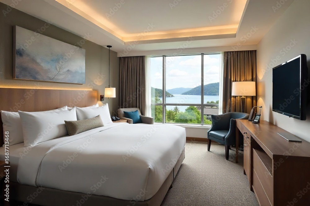 Fototapeta premium Luxurious motel suite with plush bedding, modern decor, and large windows offering scenic views Enjoy upscale amenities and comfortable accommodations for a relaxing getaway , interior, vacation