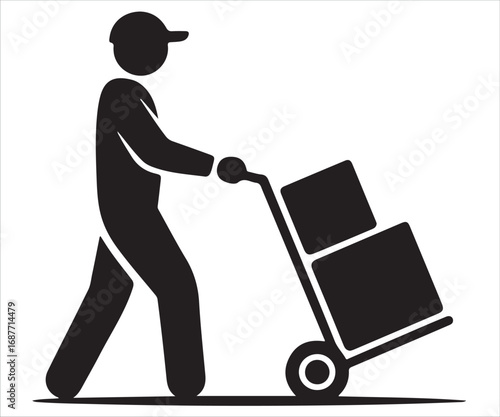 Delivery worker pushing hand truck silhouette vector illustration