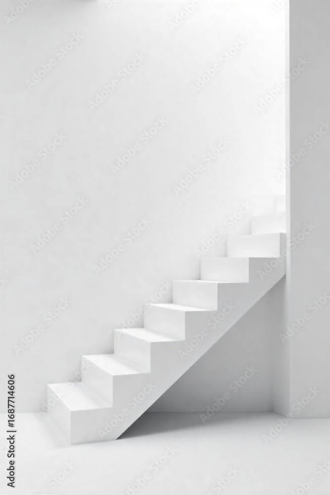 Fototapeta premium Clean, white floating staircase ascending against a pure white backdrop Perfect for architectural, design, and home decor projects Minimalist and modern aesthetic , steps, modern