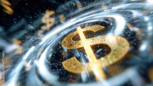 A conceptual image of fintech, with money and technology symbols merging in an abstract digital space.