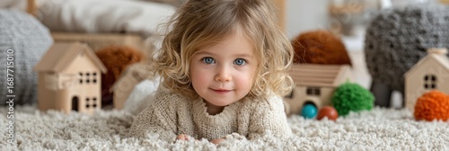 Curly-haired child playing on cozy rug with wooden toys in a bright and inviting indoor space