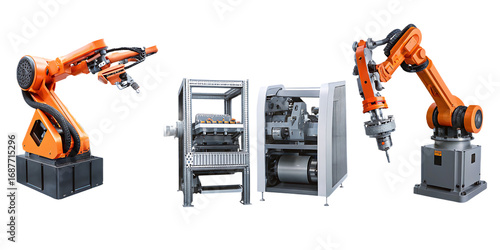 industrial robotic arms in manufacturing assembly isolated on white background, png, ai generated.