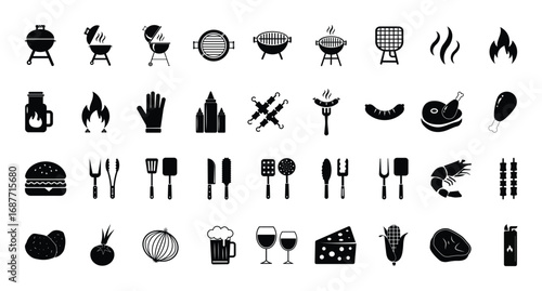 barbecue grill food icons set cooking meat chicken steak burger sausage shrimp kebab skewer corn cheese tomato onion potato fire flame hot outdoor picnic summer party