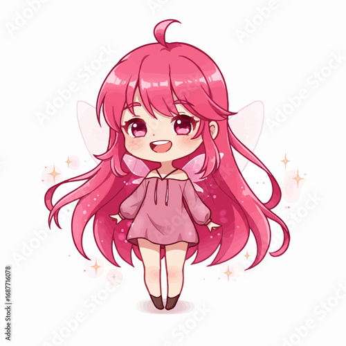 Charming anime fairy with vibrant pink hair and sparkling wings spreads joy