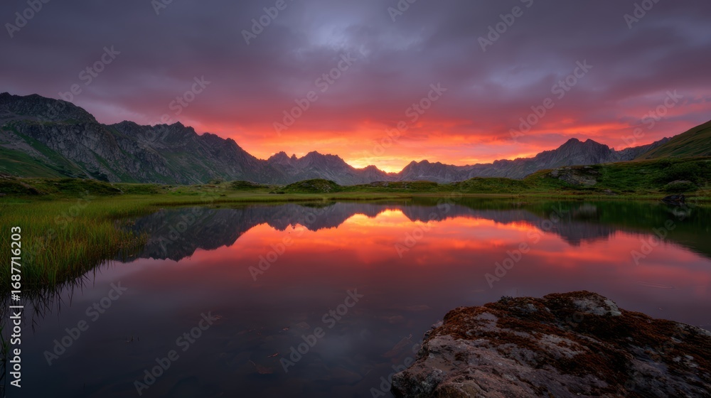 Fototapeta premium Dramatic sunset clouds rolling over a rugged mountain range with vibrant colors reflecting on still waters