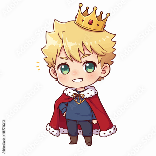 Charming young prince with crown and regal cape ready for adventure