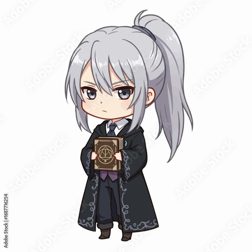 Mysterious anime mage character holding ancient grimoire, ready for fantasy adventure