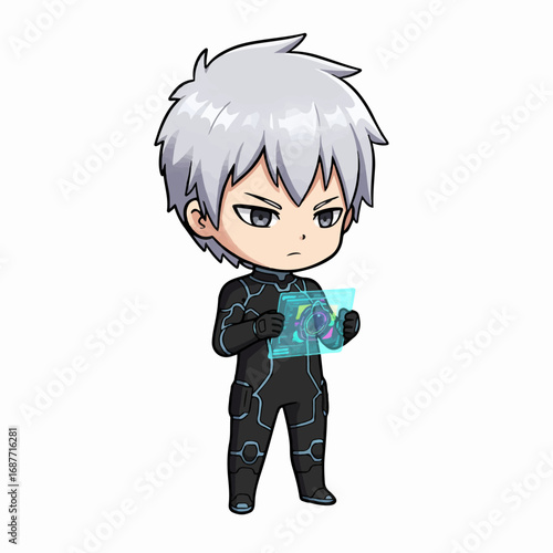 Serious anime boy in futuristic suit examines glowing holographic interface screen