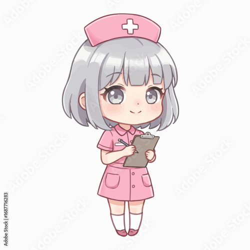 Cute anime nurse records patient information with a smile