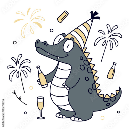 SVG art: A Bashful Alligator in a New Year celebration vibe with wearing a party hat, tinted with Midnight Sparkle tones