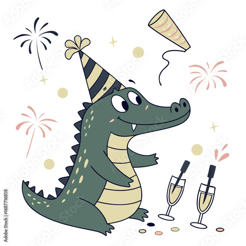 SVG art: A Bashful Alligator in a New Year celebration vibe with wearing a party hat, tinted with Midnight Sparkle tones