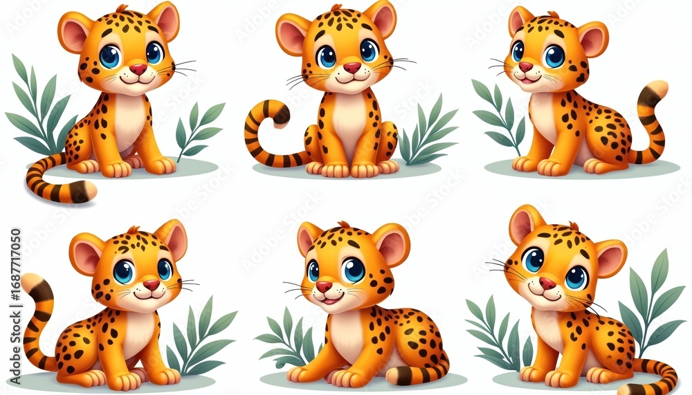 Naklejka premium Set of six cute cartoon jaguars in playful stalking, resting poses, surrounded by green foliage. Adorable jungle cats feature bright blue eyes, orange fur with black spots, striped tails. Perfect for