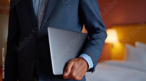 A dynamic shot of a person on a business trip, standing in a hotel room with a laptop open.