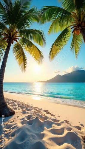 Wallpaper Mural Serene, empty tropical beach at sunrise Soft sand, turquoise water, palm trees gently sway in the breeze Peaceful, untouched paradise Ideal for travel, vacation, or relaxation themes , ocean, summer Torontodigital.ca