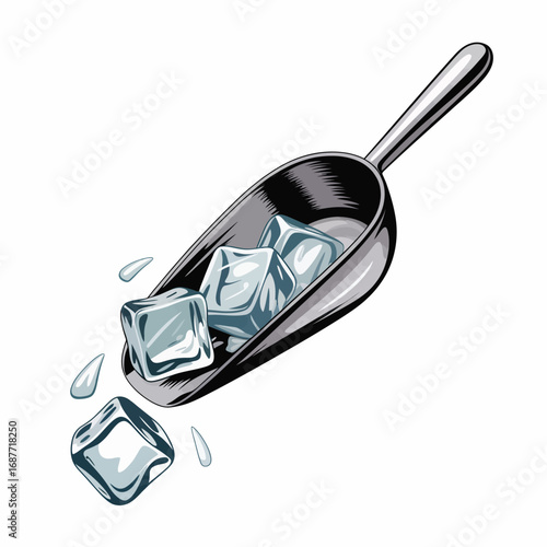 Metal scoop filled with ice cubes and melting water droplets