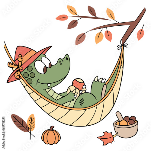 Whimsical Alligator feeling Cheerful in a Thanksgiving setting with in a hammock – colored in Harvest Blessings