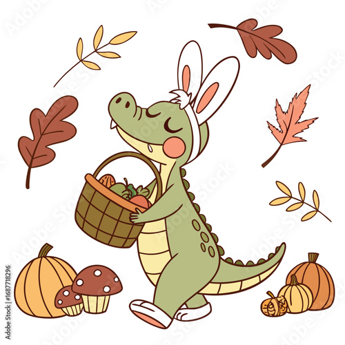 Whimsical Alligator feeling Bashful in a Thanksgiving setting with wearing bunny slippers – colored in Harvest Blessings