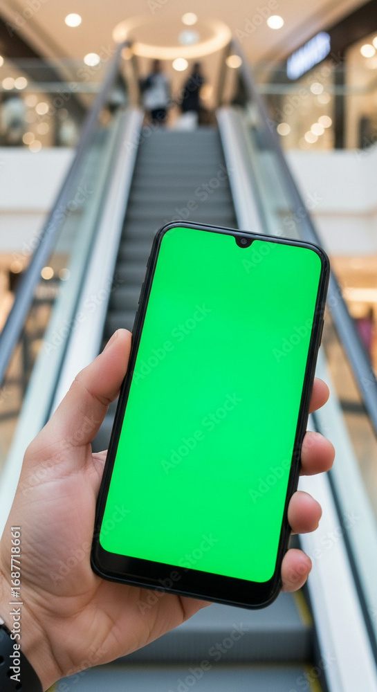 Naklejka premium Hand holding smartphone with green screen near escalator in shopping center.