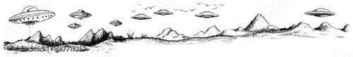 Flying saucers over mountain landscape sketch collection set