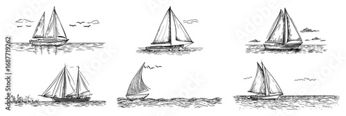 Sailboat and yacht sketch collection set