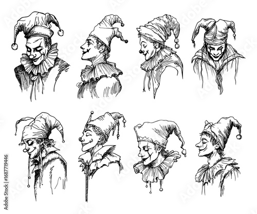 Collection of hand drawn jester portraits in sketch style