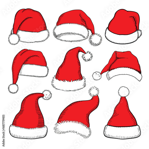 Collection of nine hand drawn santa hats in various styles