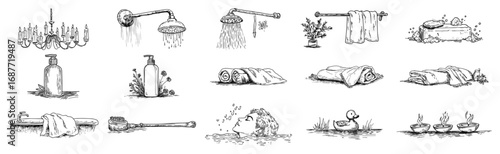 Bathroom spa doodle icon set vector