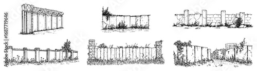 Ruined walls and fences sketch collection set
