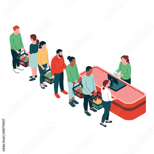 Diverse group of people in a grocery store checkout line with shopping carts