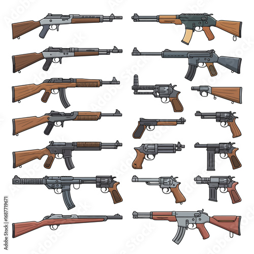 Collection of vintage and modern firearms including rifles and handguns