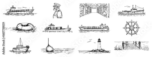 Maritime transport doodle set with cargo ship lighthouse and helm